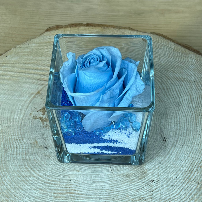 Stabilized Rose: Red with sand and glass cube — Fioreria Idea